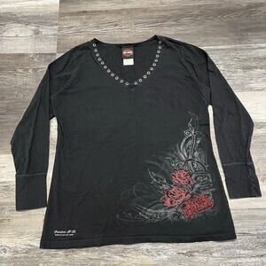 Harley Davidson Black Womens XL Rivets Roses Long Sleeve Biker Chick T-Shirt Y2K
